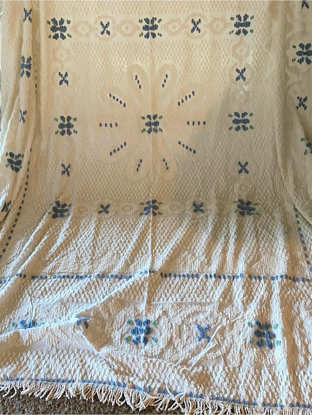 Vtg Chenille Cotton Bedspread Queen Blue Green Tufted Floral Medallion Fringe